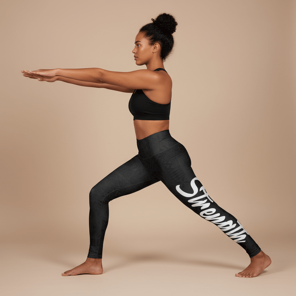 High-waisted leggings from IslandRise by Miami Sublimation featuring Nesian Strength design in vibrant Polynesian-inspired patterns.