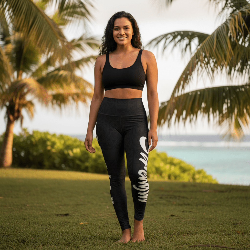 IslandRise high-waisted leggings by Miami Sublimation featuring Nesian Strength design with vibrant tropical patterns.