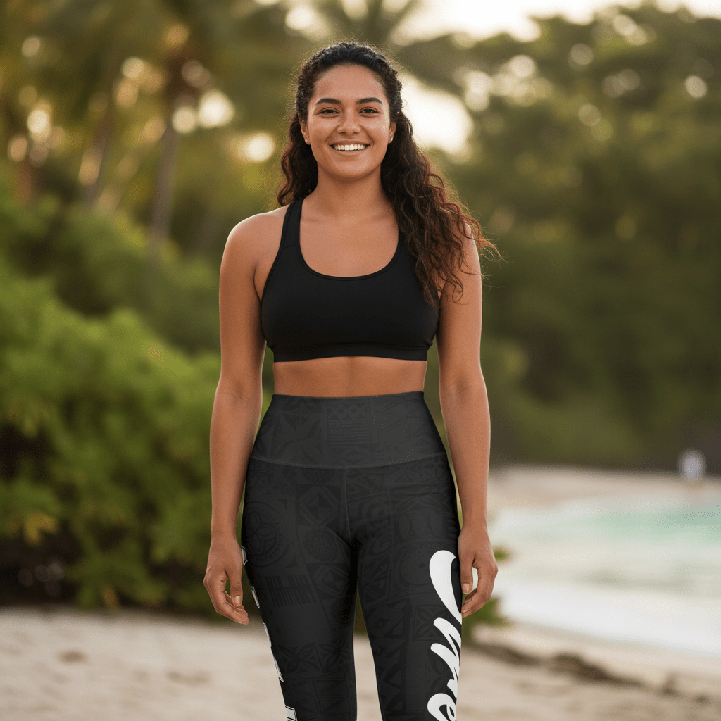 IslandRise high-waisted leggings featuring Nesian Strength design by Miami Sublimation, showcasing vibrant Polynesian-inspired patterns.