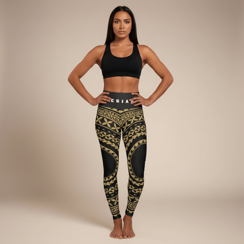 IslandRise high-waisted leggings by Miami Sublimation featuring Nesian design with vibrant tropical patterns and bold colors.