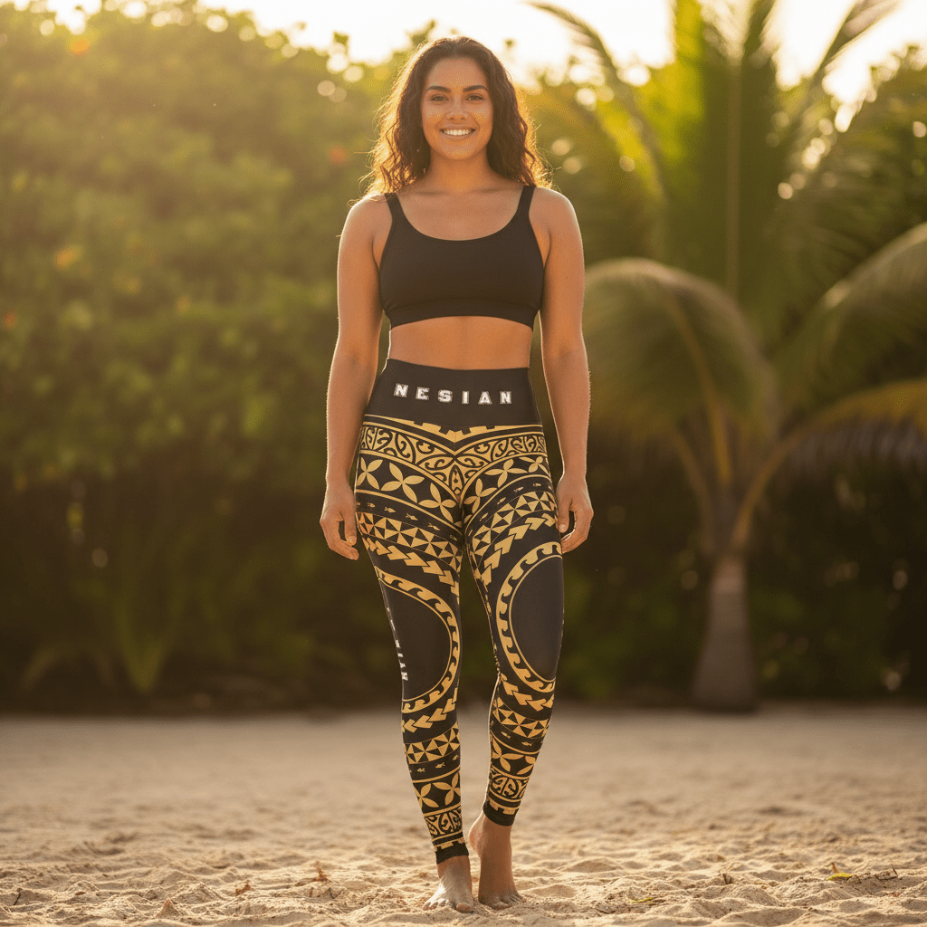 IslandRise high-waisted leggings by Miami Sublimation featuring Nesian design with vibrant tropical patterns.