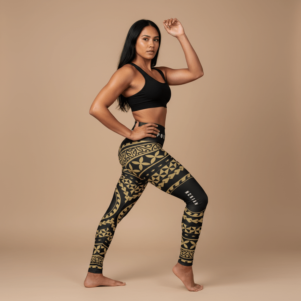 Miami Sublimation IslandRise high-waisted leggings with Nesian design featuring vibrant tropical patterns and bold colors.