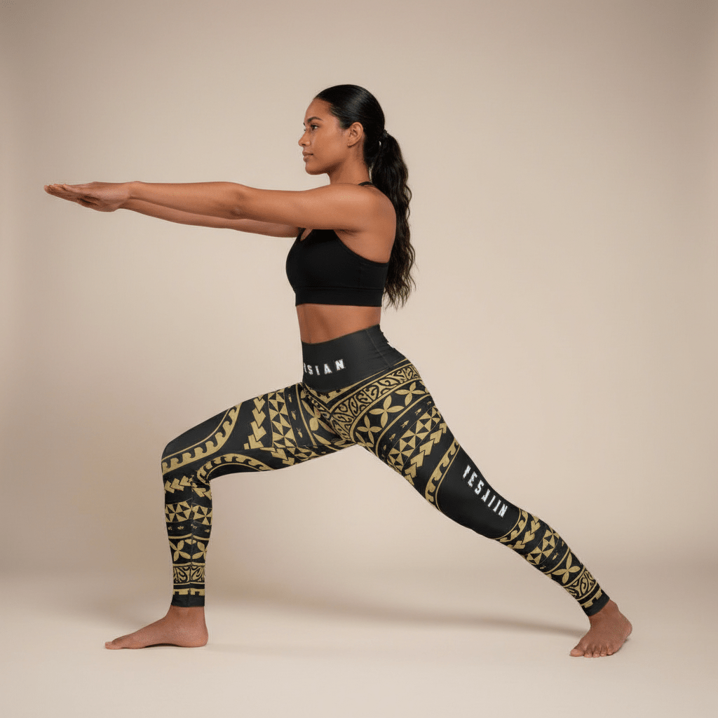 High-waisted leggings featuring Nesian design with tropical patterns and vibrant colors.