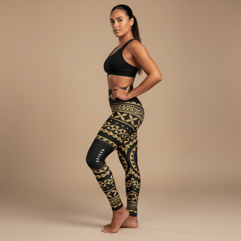IslandRise high-waisted leggings by Miami Sublimation featuring Nesian design with vibrant patterns, perfect for comfortable style.