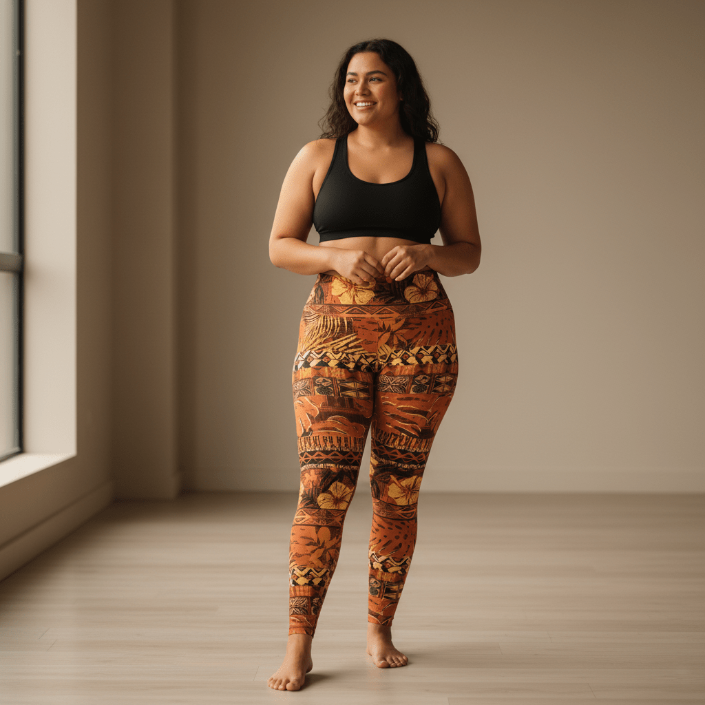 IslandRise high-waisted leggings by Miami Sublimation featuring tropical Poutasi Promise design, vibrant and comfortable for active wear.