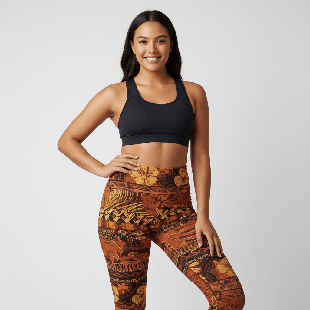 High-waisted leggings from Miami Sublimation's IslandRise collection featuring Poutasi Promise design with tropical island print.