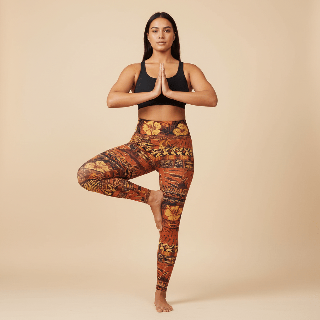 IslandRise high-waisted leggings by Miami Sublimation featuring a vibrant Poutasi Promise design with tropical island motifs.