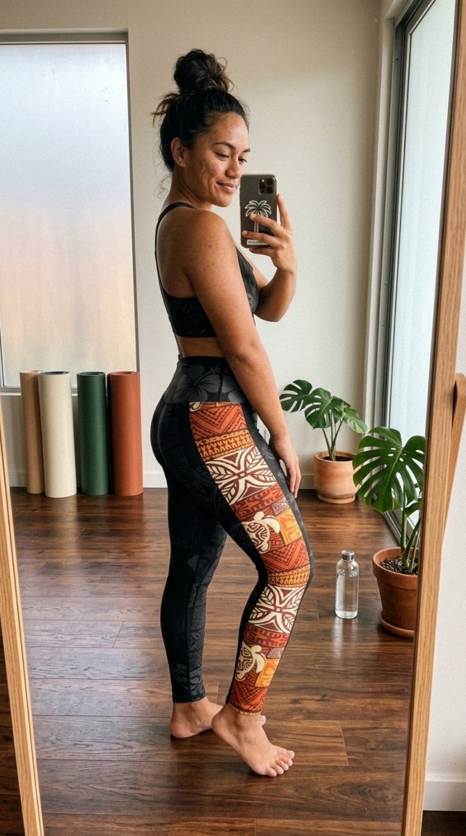 Miami Sublimation IslandRise high-waisted leggings with Sataoa Sunrise design, featuring vibrant tropical patterns and comfortable fit.