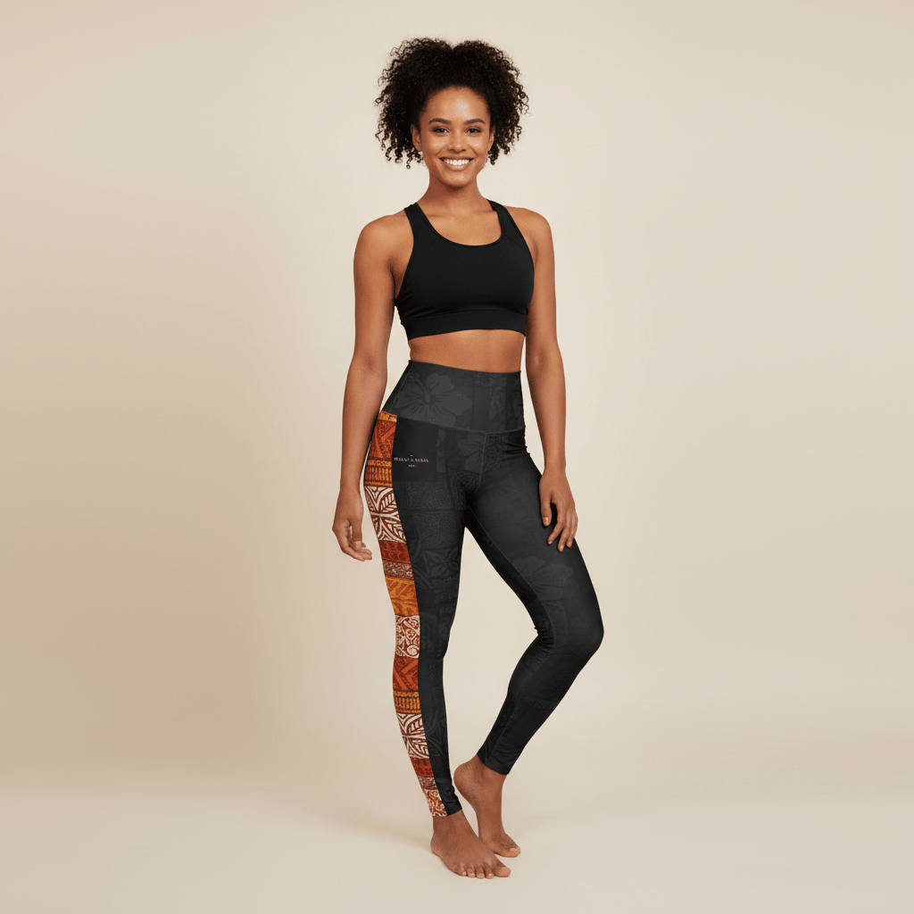 High-waisted leggings featuring Sataoa Sunrise design with vibrant island and ocean motifs.