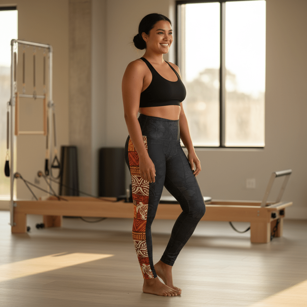 Miami Sublimation IslandRise high-waisted leggings featuring Sataoa Sunrise design with vibrant island-inspired colors.