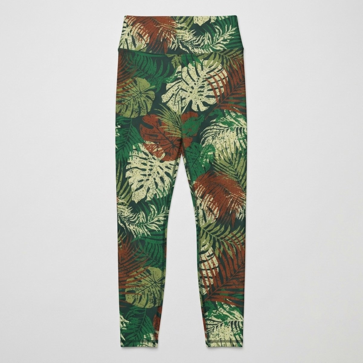 High-waisted leggings by Miami Sublimation in Tafatafa Greens with island-inspired patterns, designed for comfort and style.