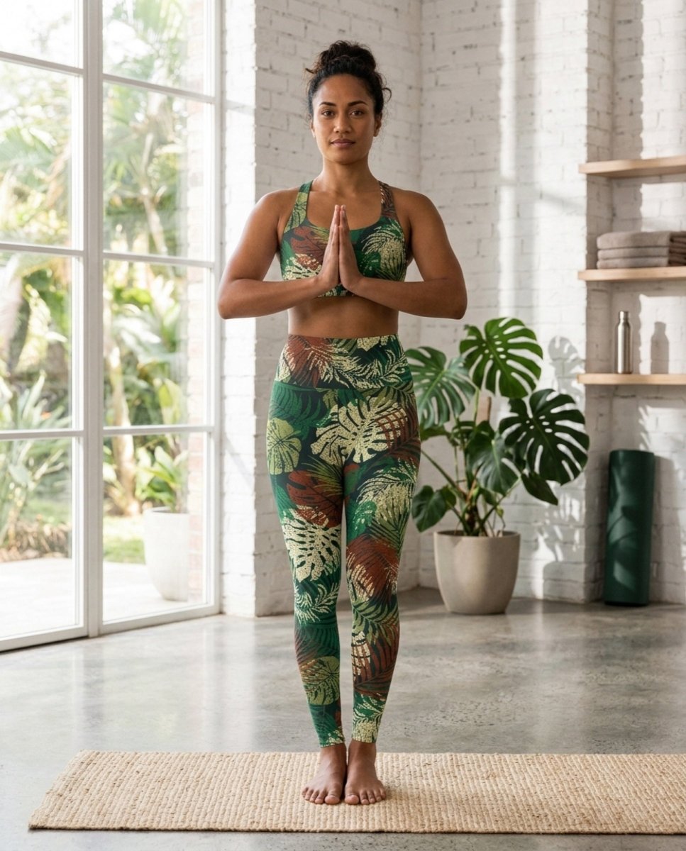 High-waisted leggings by Miami Sublimation in Tafatafa Greens, featuring tropical island-inspired pattern and vibrant green shades.