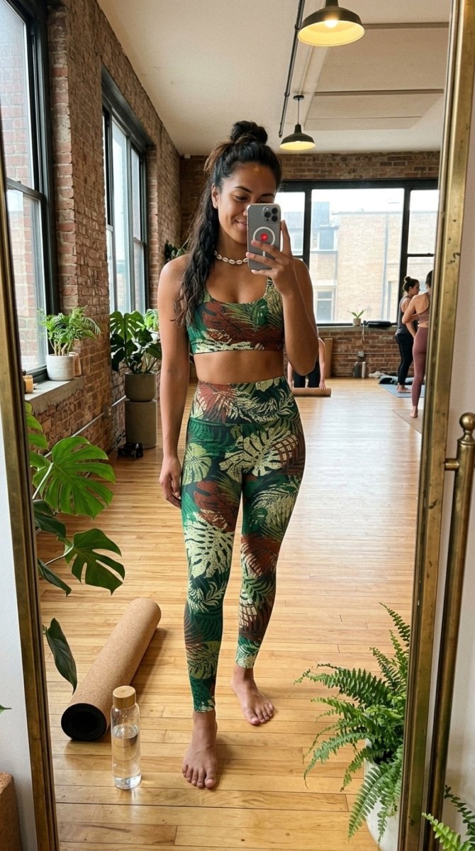 High-waisted leggings from Miami Sublimation in Tafatafa Greens with tropical leaf patterns, perfect for active wear.