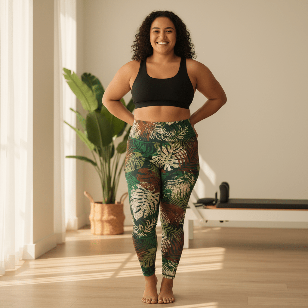 High-waisted leggings by Miami Sublimation in Tafatafa Greens, featuring vibrant tropical leaf patterns on comfortable activewear.