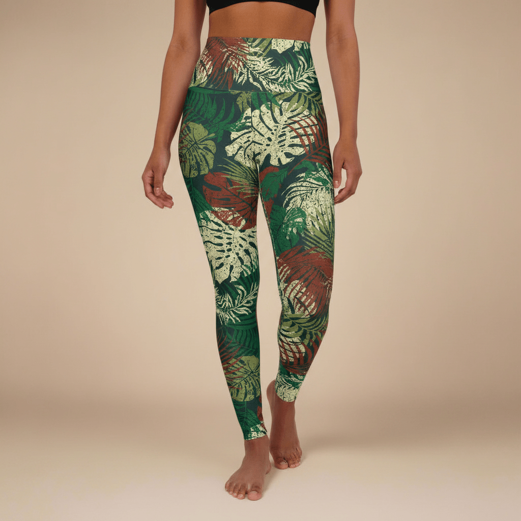 High-waisted leggings by Miami Sublimation featuring Tafatafa Greens pattern with tropical design and vibrant green colors.