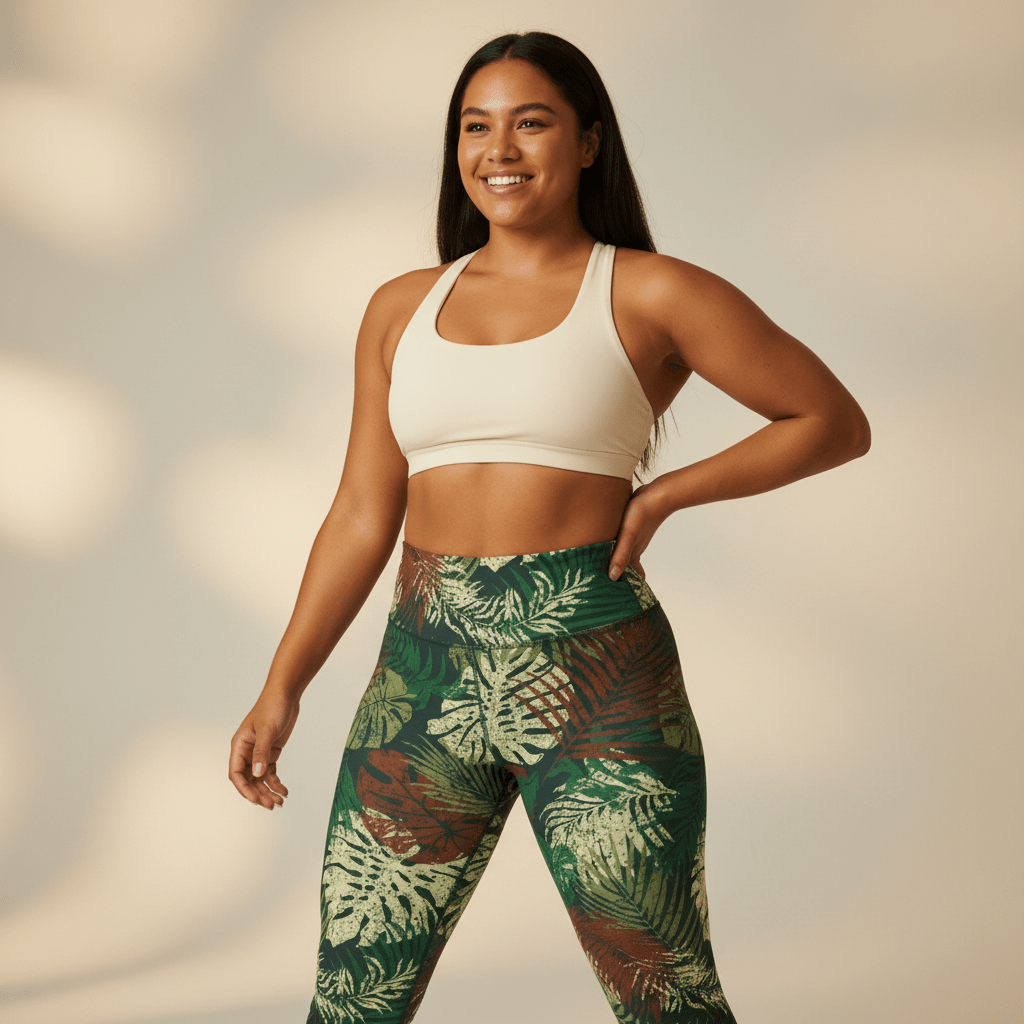High-waisted leggings with Tafatafa Greens pattern, showcasing vibrant green tropical leaf design.