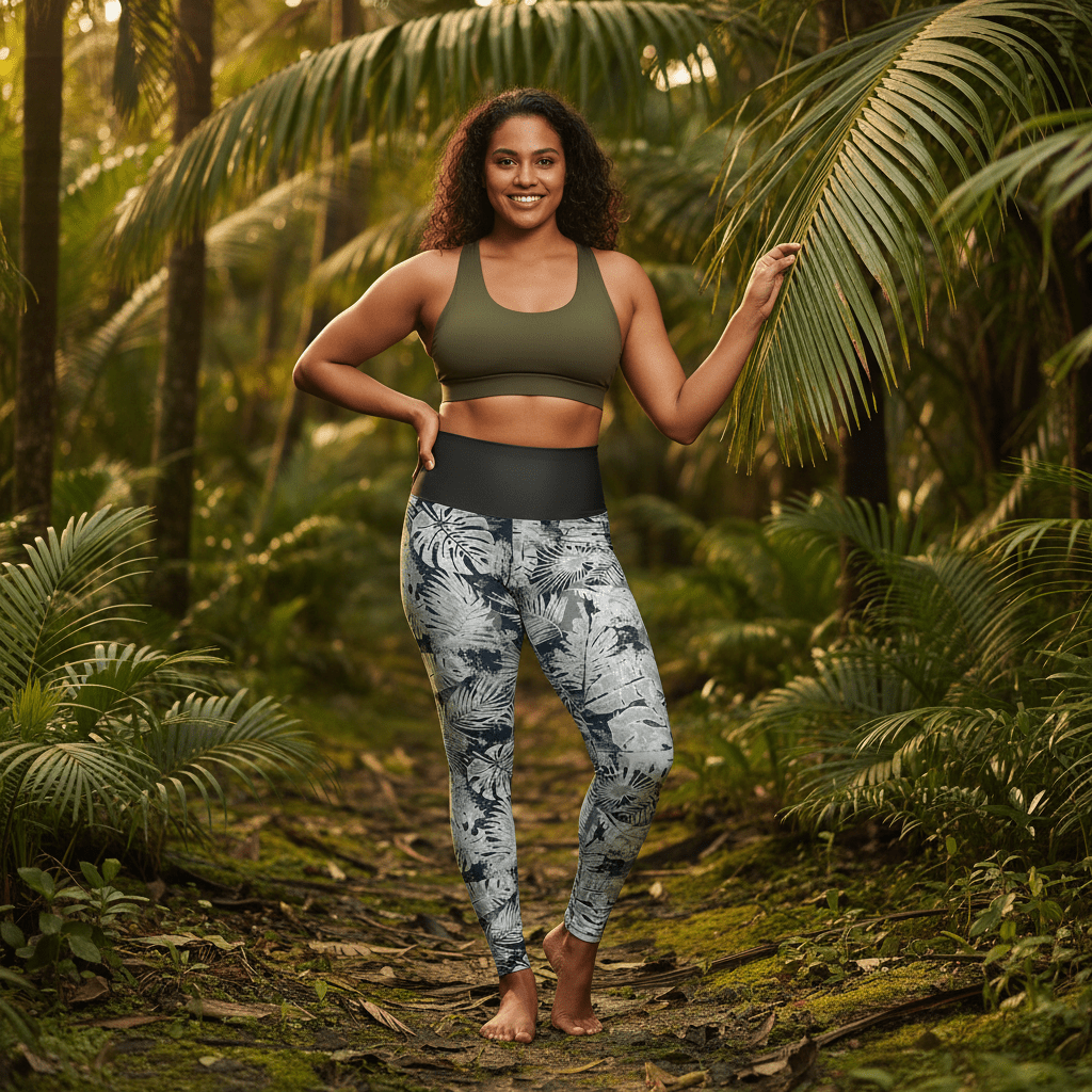 Miami Sublimation IslandRise high-waisted leggings in Tiavi Mist with tropical print, showcasing the stylish, comfortable design.