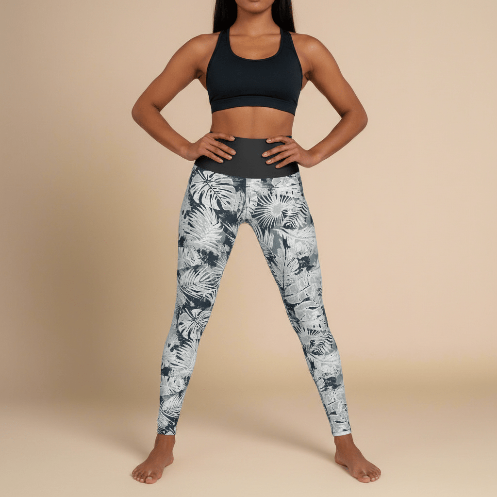 Miami Sublimation IslandRise high-waisted leggings in Tiavi Mist, featuring a stylish tropical print on soft, comfortable fabric.