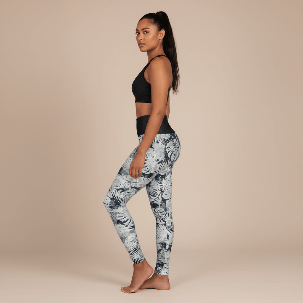 Miami Sublimation IslandRise high-waisted leggings in Tiavi Mist with tropical print, designed for comfort and style.