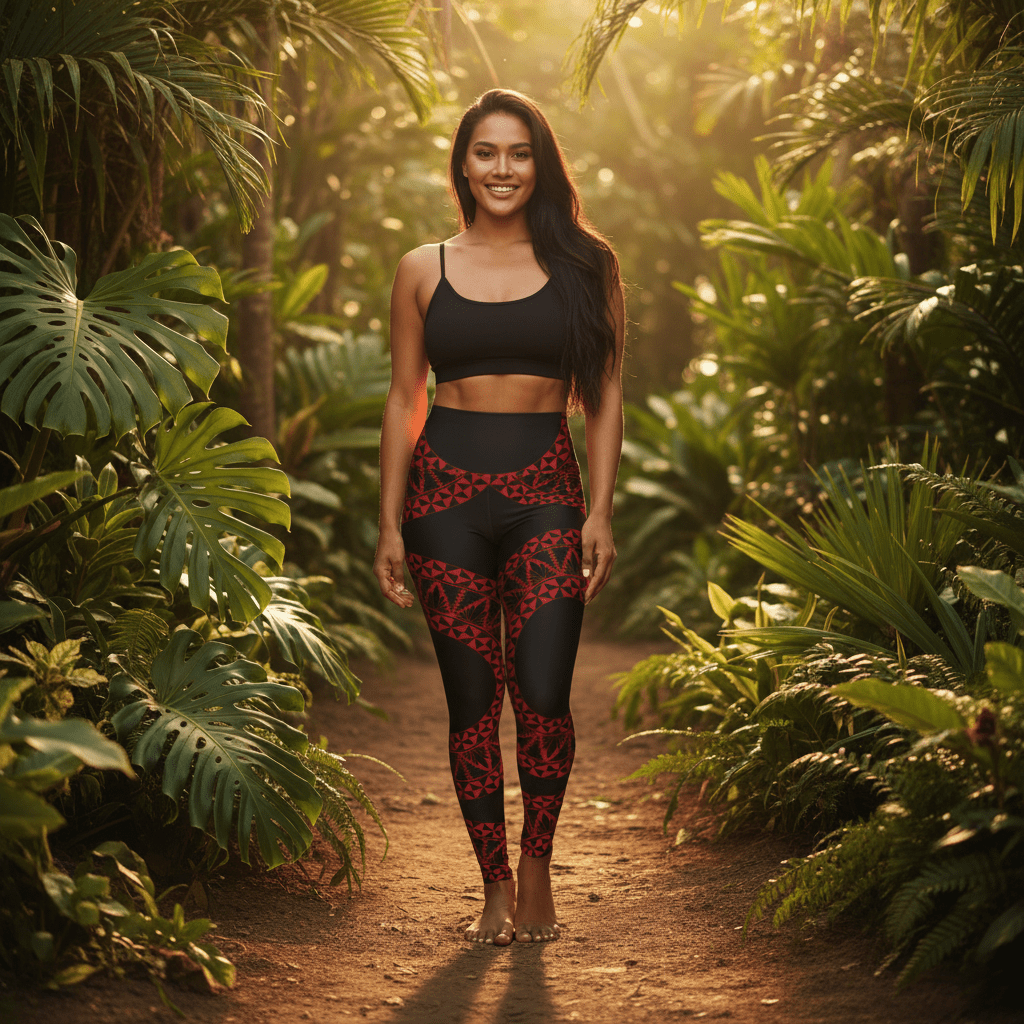IslandRise High - Waisted Yoga Leggings - Tonga Black & Red - USA - The Koko Samoa