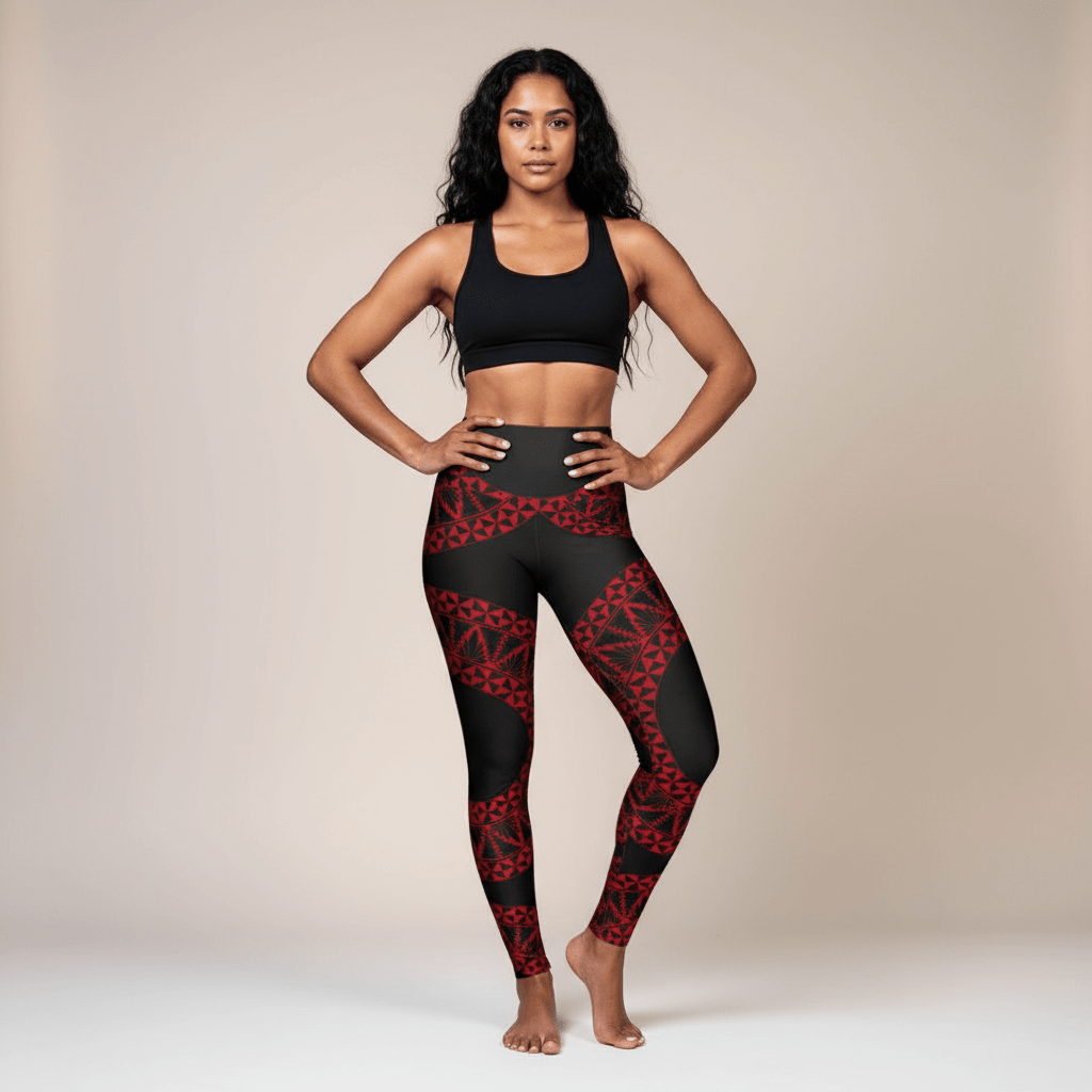 IslandRise High - Waisted Yoga Leggings - Tonga Black & Red - USA - The Koko Samoa