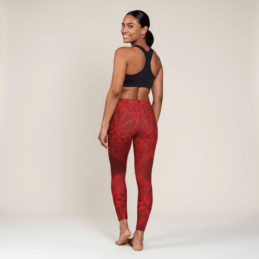 High-waisted Miami Sublimation IslandRise yoga leggings in Tonga Red, showing the vibrant color and comfortable fit.