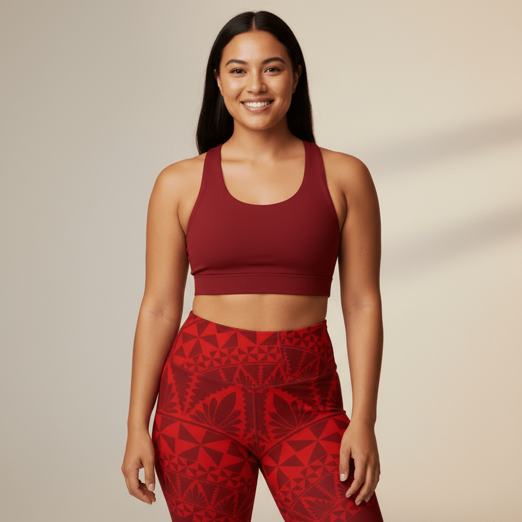 High-waisted Miami Sublimation IslandRise yoga leggings in Tonga Red, with vibrant color and comfortable fit, perfect for active wear.