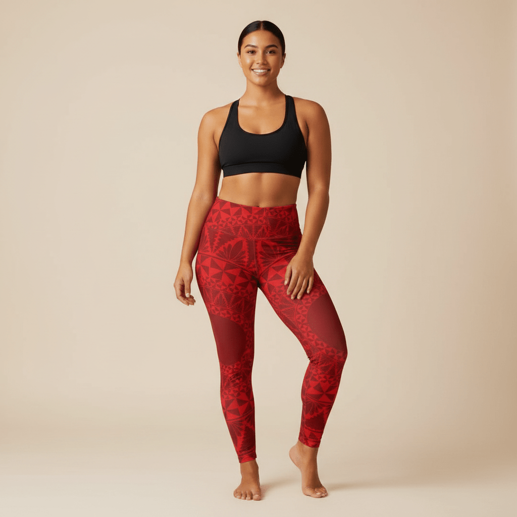 High-waisted high-waisted leggings in vibrant Tonga Red, shown flat on a white background.
