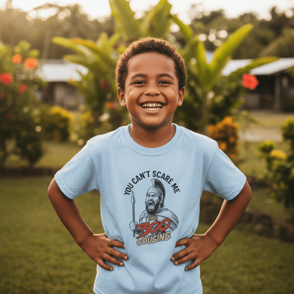 Kids unisex tee from The Print Bar featuring a 300 Cousins design, showcasing colorful graphics of USA, Samoa, and other countries.