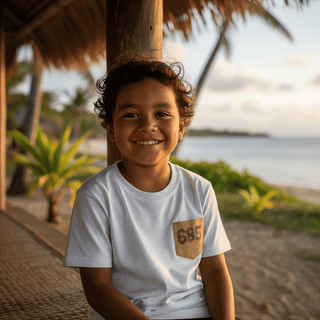 Kids unisex tee with pocket from The Print Bar, featuring a colorful design on the front, perfect for casual kids' clothing.