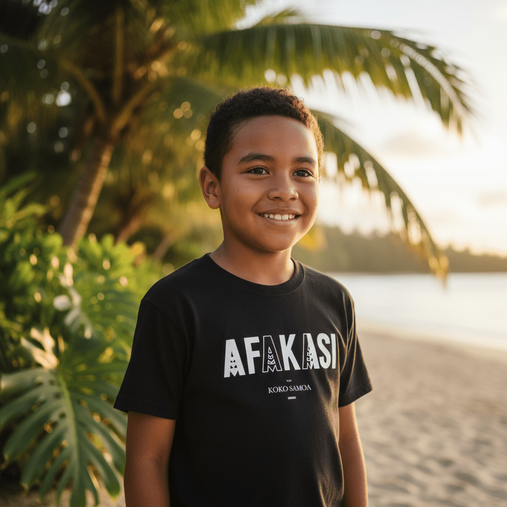Kids unisex Afakasi T-shirt by The Print Bar, featuring vibrant Samoan-inspired design on a comfortable kids' clothing tee.