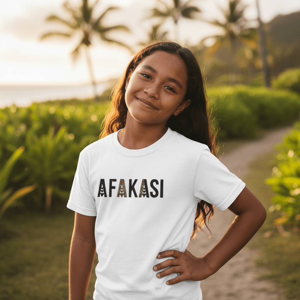 Kids unisex Afakasi T-shirt by The Print Bar featuring a colorful design inspired by Samoan culture.