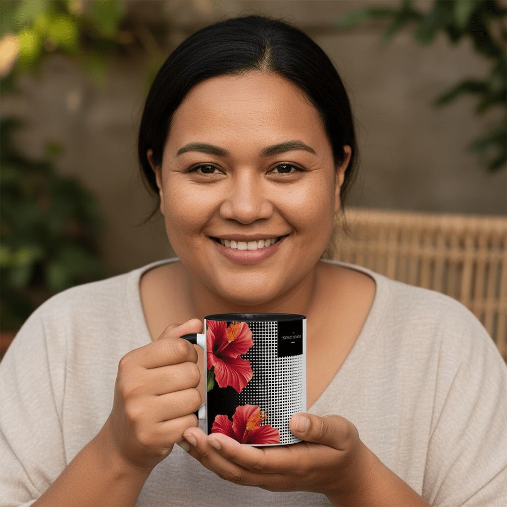 LimaLuxe™ 325ml Aute Mug by Prima Printing featuring a colorful design with Pacific island motifs and vibrant patterns.