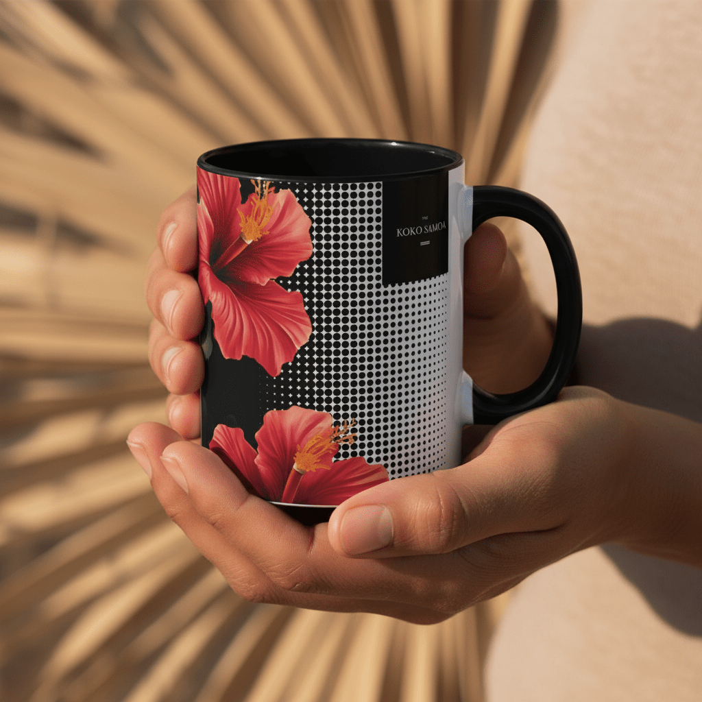 LimaLuxe™ 325ml Aute mug by Prima Printing featuring tropical island artwork, ceramic coffee mug with colorful design.