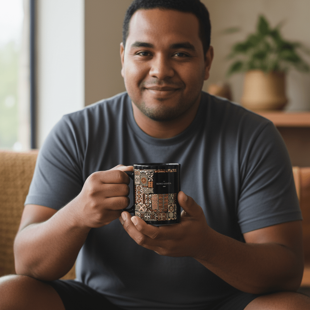 11oz Elei mug featuring a vibrant Samoan-inspired design on a white ceramic mug.