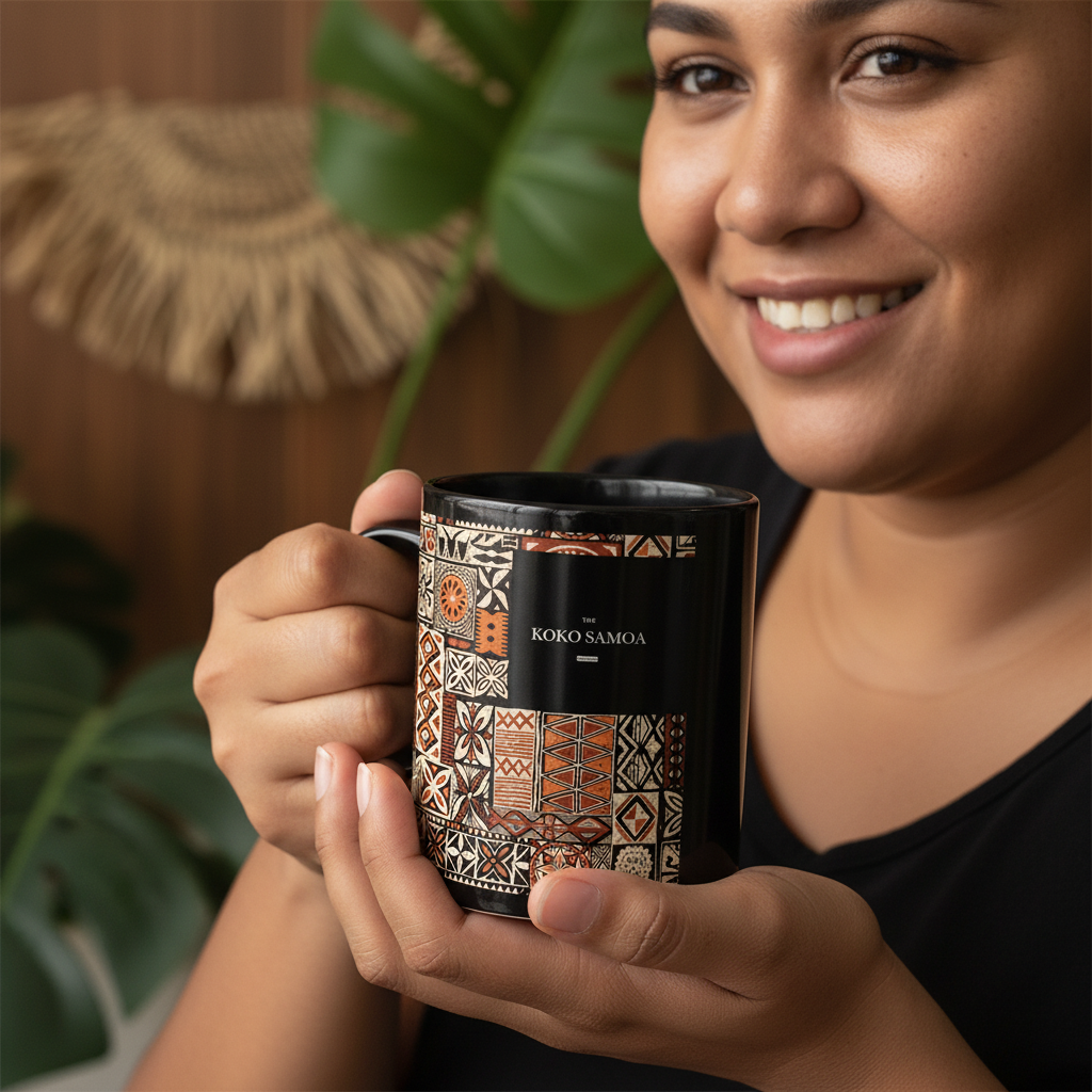 LimaLuxe™ 11oz Elei Mug with Samoan design by District Photo, featuring vibrant colors and detailed artwork on ceramic mug.