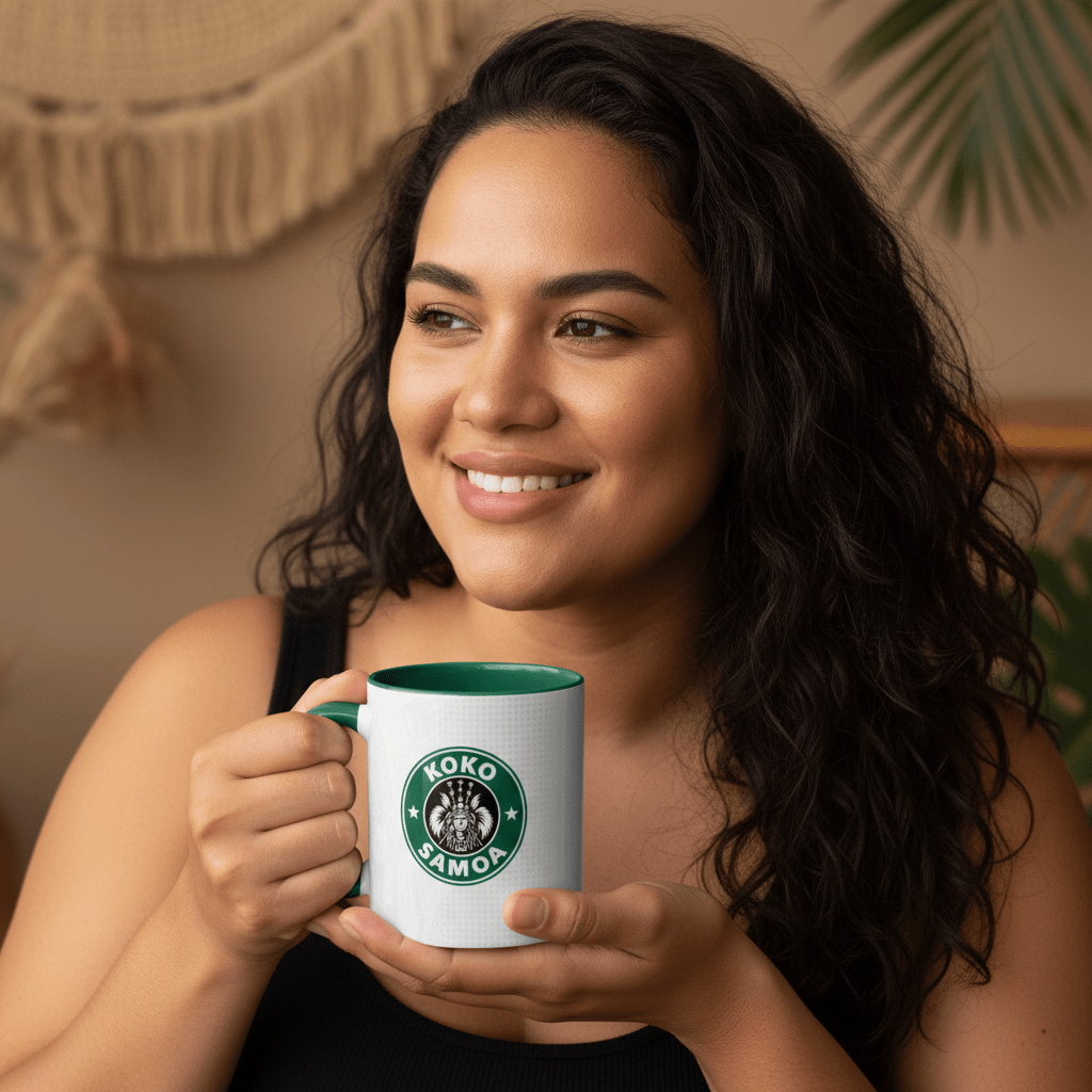 LimaLuxe™ 325ml Koko Samoa mug by Prima Printing, featuring vibrant tropical design, ceramic coffee mug for hot beverages.