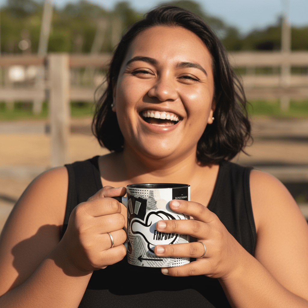 LimaLuxe™ 325ml mug by Prima Printing featuring the "Look At Fiapoko" design with tropical motifs on a ceramic mug.