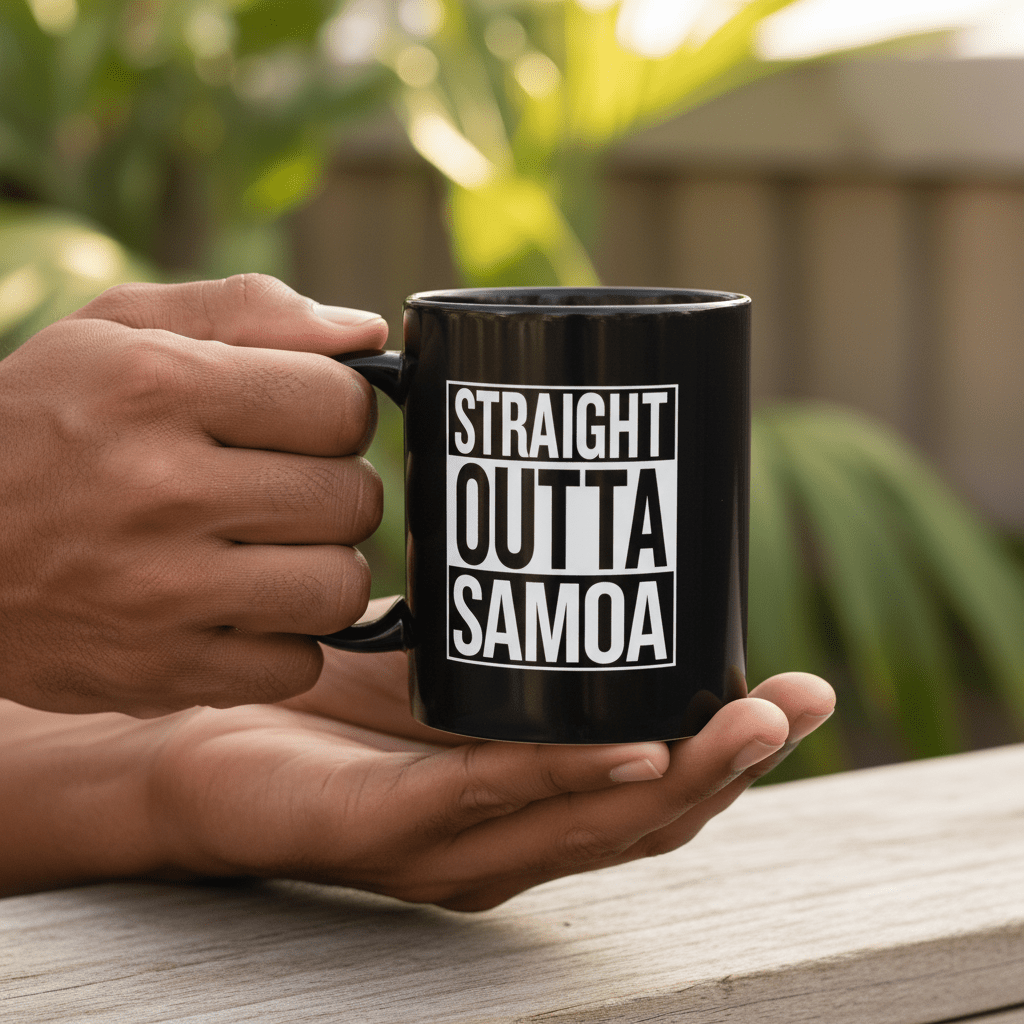 LimaLuxe™ 325ml Straight Outta Samoa mug by Prima Printing featuring Samoa-themed design on a ceramic mug.
