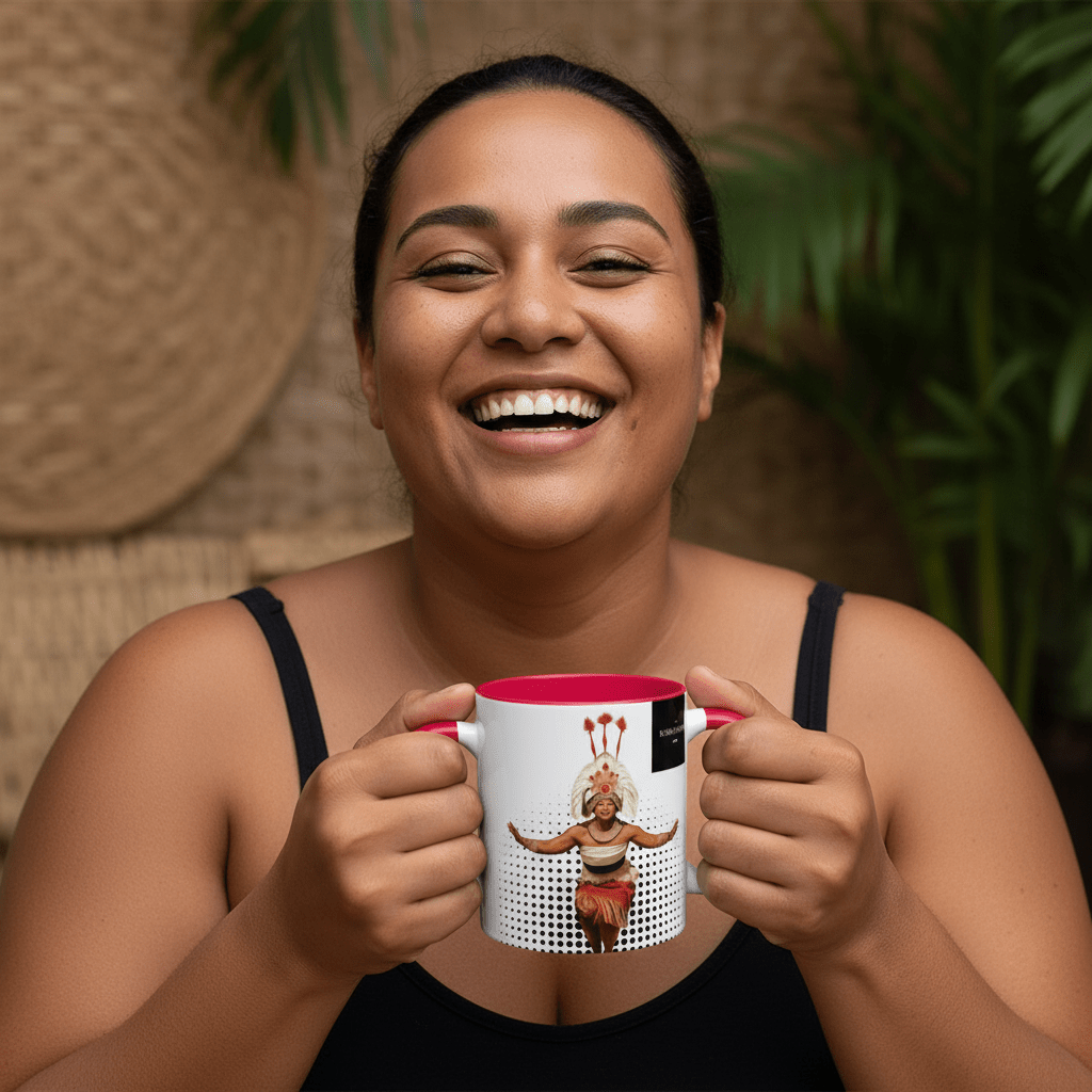 LimaLuxe™ 325ml Taupou mug by Prima Printing, featuring traditional Samoan design, white ceramic with colorful artwork.