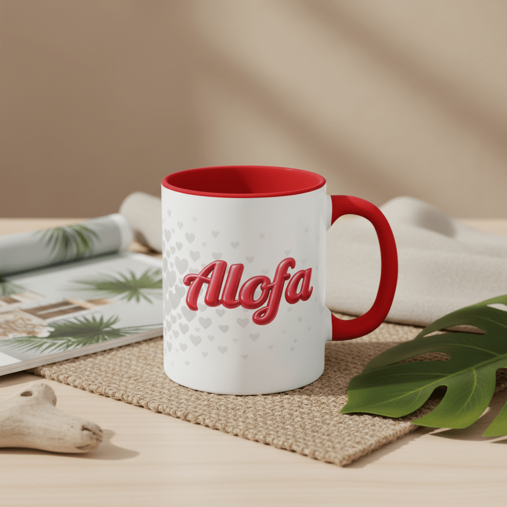 LimaLuxe™ 11oz mug with "Alofa" design by Imagine Your Photos, featuring a colorful Samoan-inspired pattern on a ceramic mug.