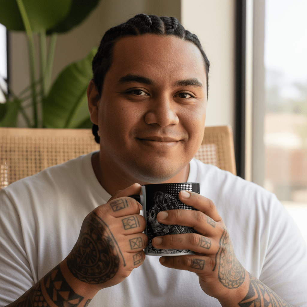 LimaLuxe™ 11oz Toa mug featuring vibrant design, made by Imagine Your Photos, showcasing a colorful tropical pattern.