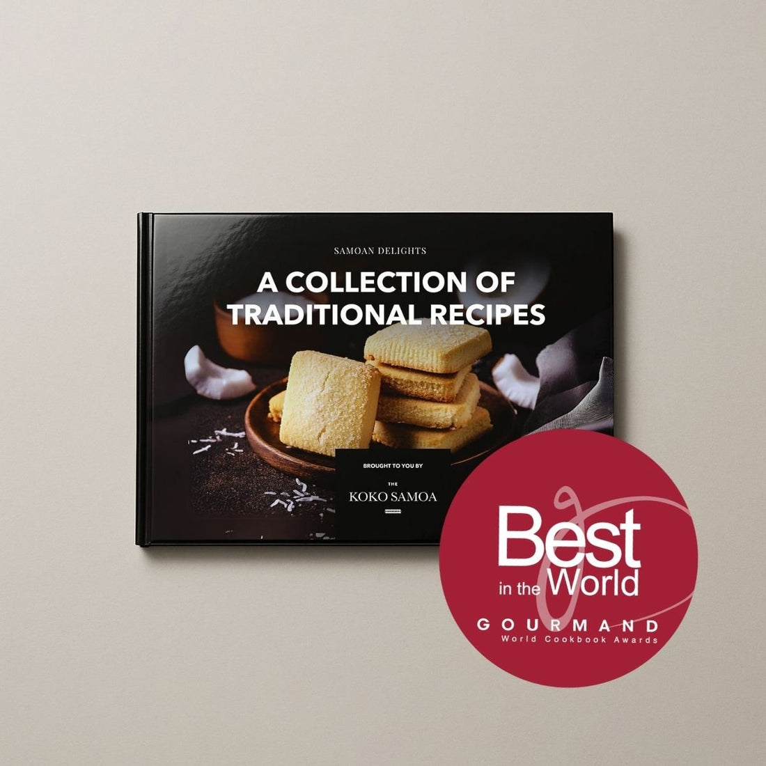 Hardcover A4 cookbook titled "Samoan Delights" featuring 12 Samoan recipes, published by Lulu Direct.