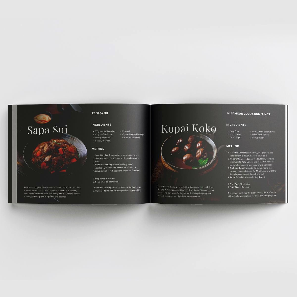 Hardcover book titled Samoan Delights featuring 24 traditional Samoan recipes, expanded edition, by Lulu Direct.