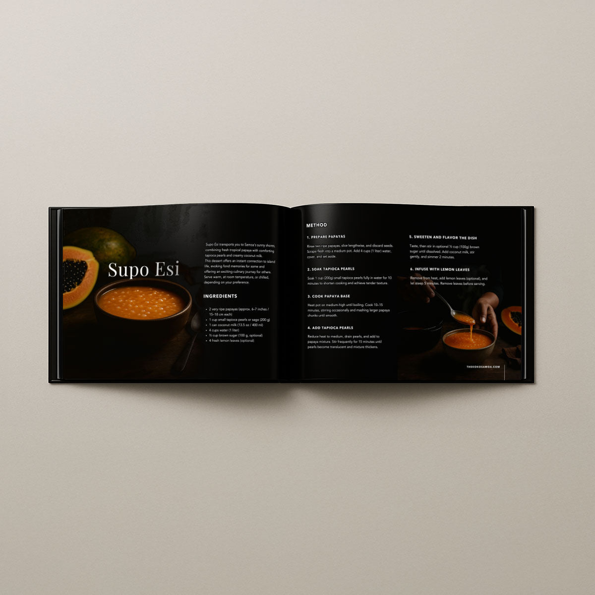 Hardcover book titled "Samoan Delights" featuring 24 traditional Samoan recipes, by Lulu Direct, with colorful cover design.