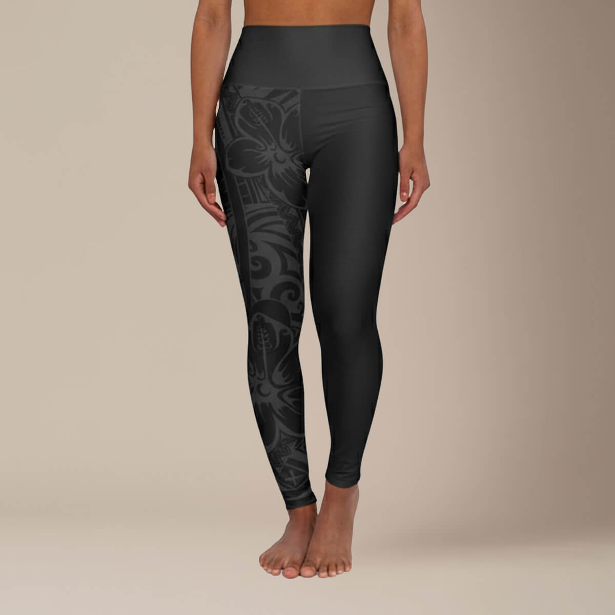 Miami Sublimation IslandRise high-waisted leggings in Bloom Dark with tropical print, close-up view of the stylish, comfortable leggings.