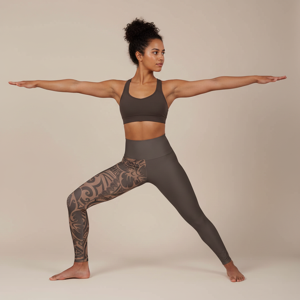 Miami Sublimation IslandRise high-waisted leggings in Bloom Mocha Mousse, shown on a model, highlighting comfortable fit and stylish design.