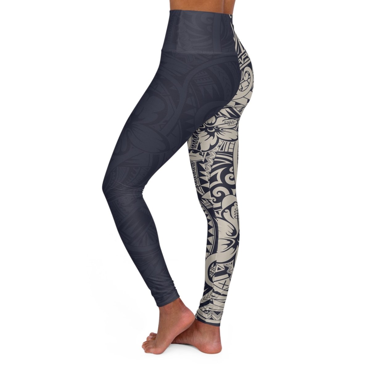 High-waisted yoga leggings in blue bloom pattern by Miami Sublimation, shown on a model with a focus on fit and vibrant design.