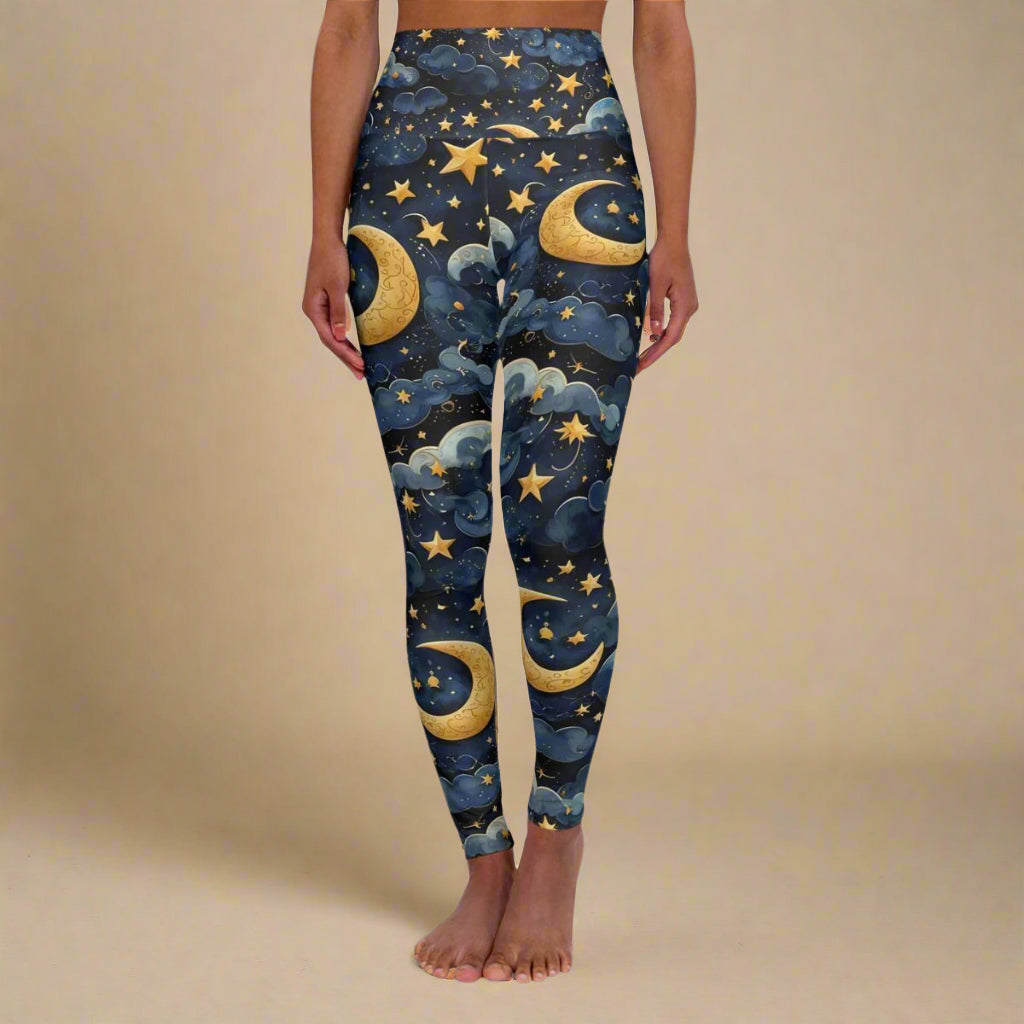 Miami Sublimation IslandRise high-waisted leggings with celestial print, featuring vibrant designs on lightweight, comfortable fabric.