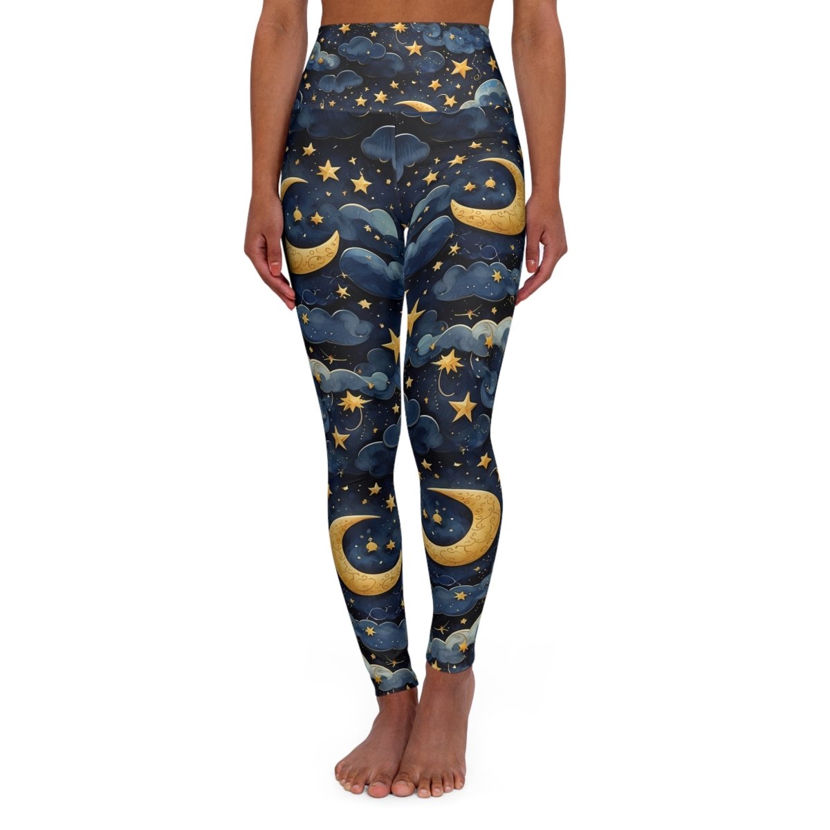 High-waisted leggings by Miami Sublimation featuring celestial print in blue and purple tones, designed for comfort and style.